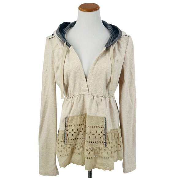 Vintage Free People Beige Hooded Eyelet Trim Empires Waist Babydoll Top - Picture 2 of 12